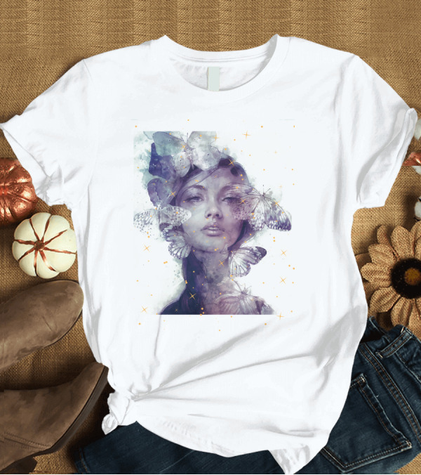 T-Shirt: Butterfly and Girl Dreamy Watercolor Portrait with Stars T-Shirt Butterfly and Girl Dreamy Watercolor Portrait with Stars T-Shirt