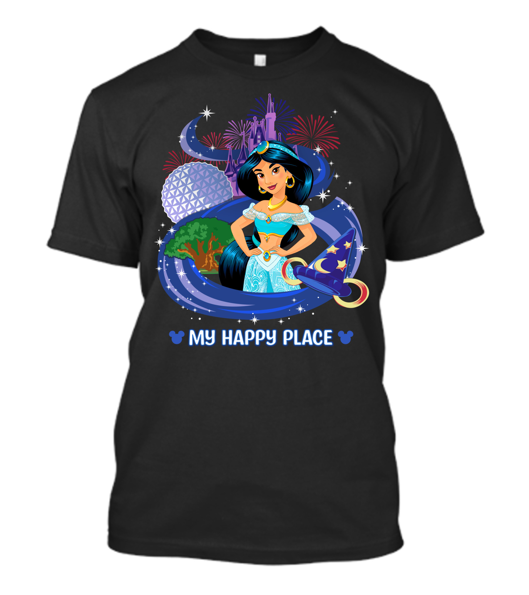 Jasmine My Happy Place Disney Princess Fireworks Magic Castle Mickey Epcot Disney World T-Shirt