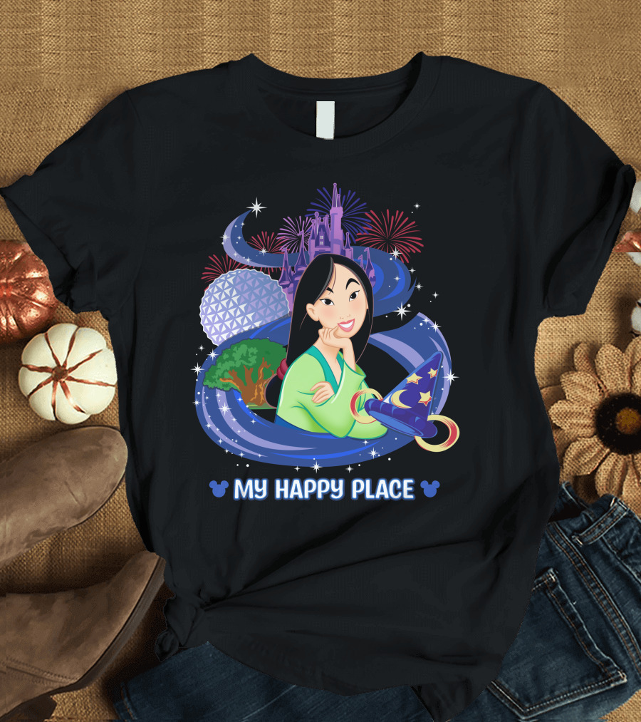 Mulan My Happy Place with Fireworks and Disney World Elements T-Shirt