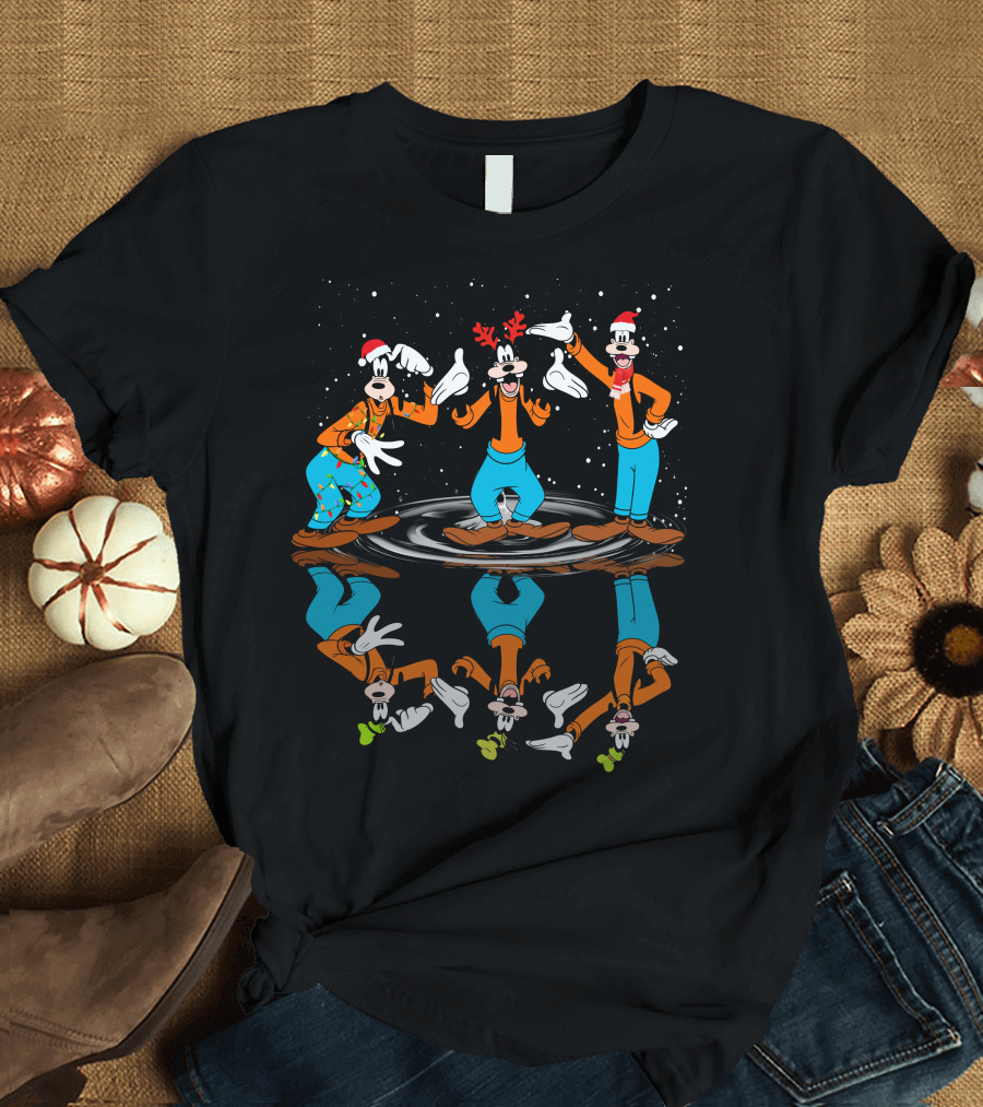 Goofy Christmas Reflection With Santa Hats And Antlers T-Shirt