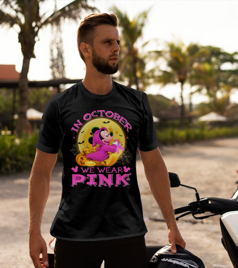 In October We Wear Pink Mickey Mouse Halloween Pumpkin Bats T-Shirt