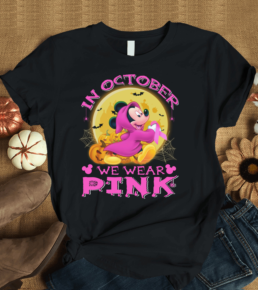 In October We Wear Pink Mickey Mouse Halloween Pumpkin Bats T-Shirt