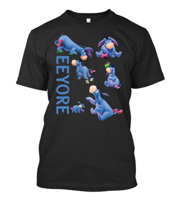 Eeyore Character Illustrations With Text On Black T-Shirt