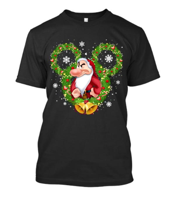 Grumpy Santa Dwarf In Wreath With Snowflakes And Bells T-Shirt