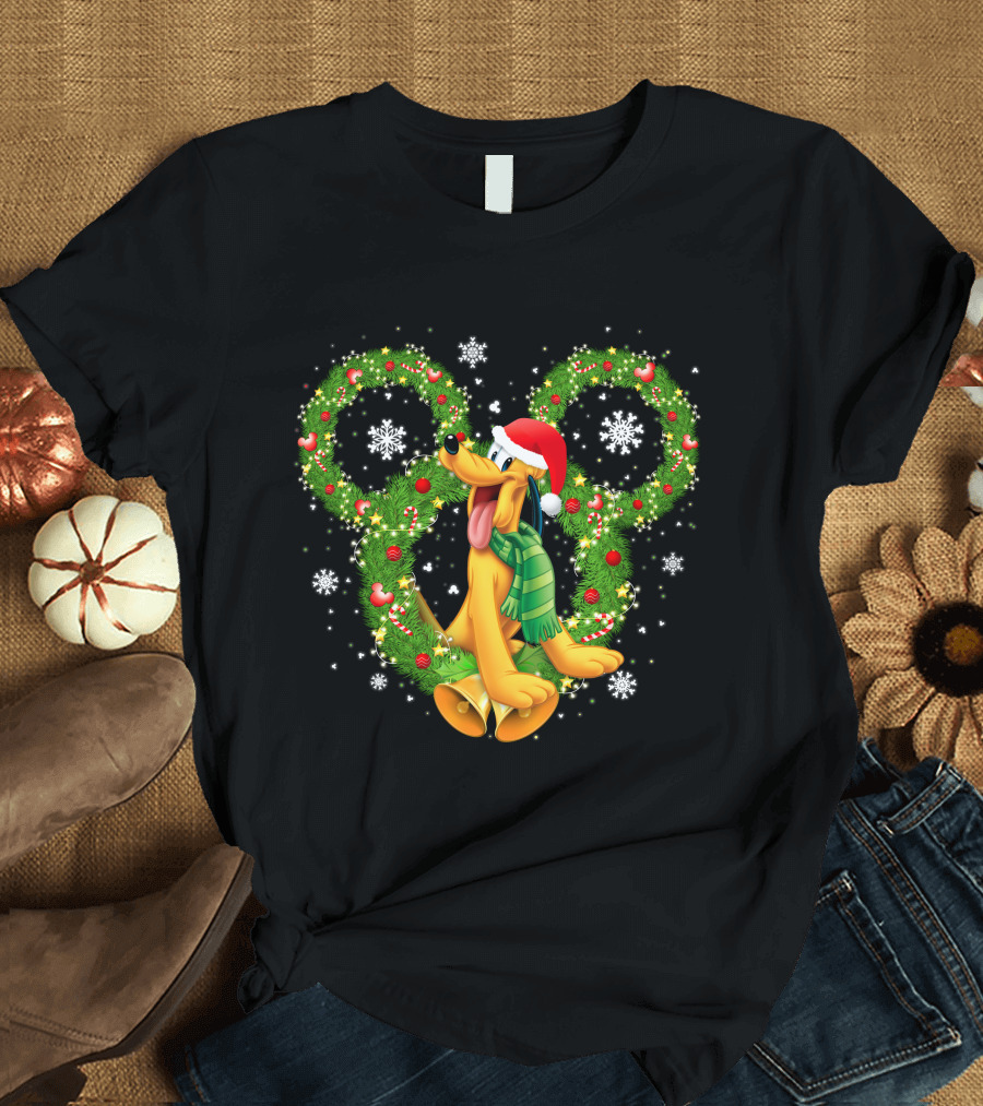 Pluto Christmas Wreath Snowflakes Santa Hat Holiday Disney T-Shirt