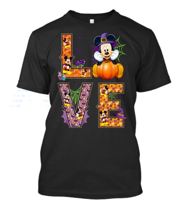 Love Halloween Mickey Mouse Pumpkin Witch Hat Spooky Bats T-Shirt