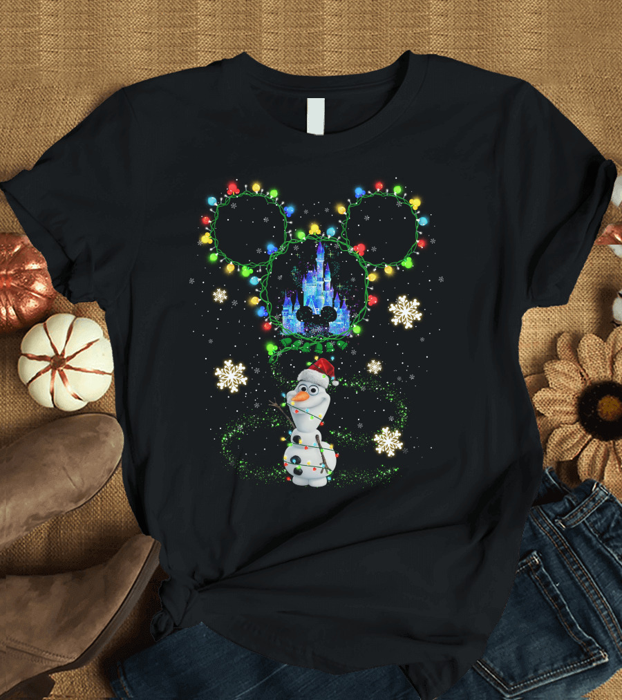 Olaf Christmas Lights Disney Castle With Mickey Ears Snowflakes T-Shirt