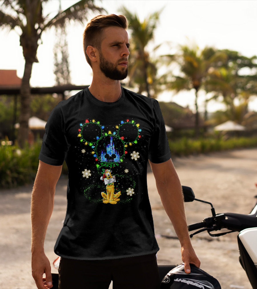 Pluto Santa Christmas Lights Mickey Head Castle Snowflakes T-Shirt
