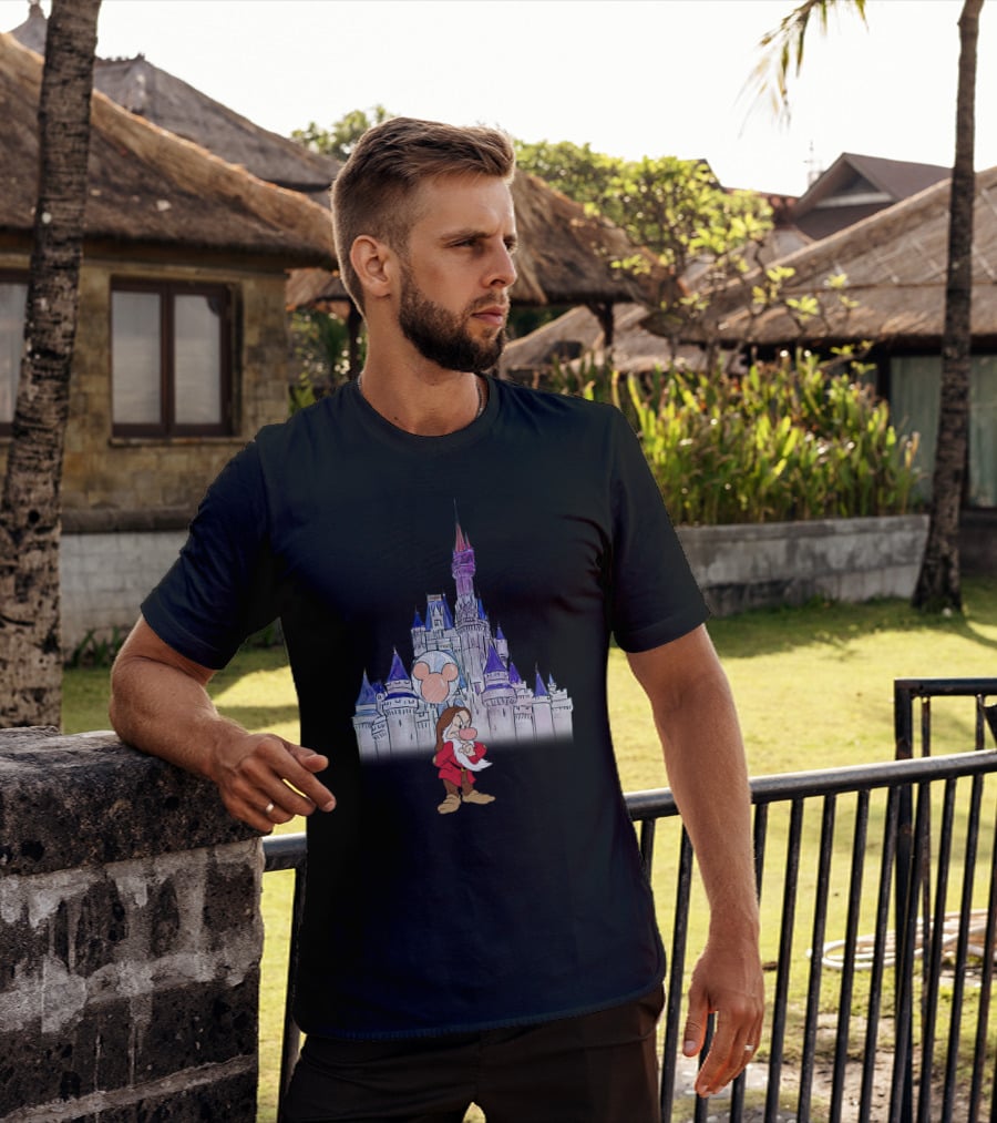 Grumpy Dwarf With Mickey Balloon At Disney Castle T-Shirt