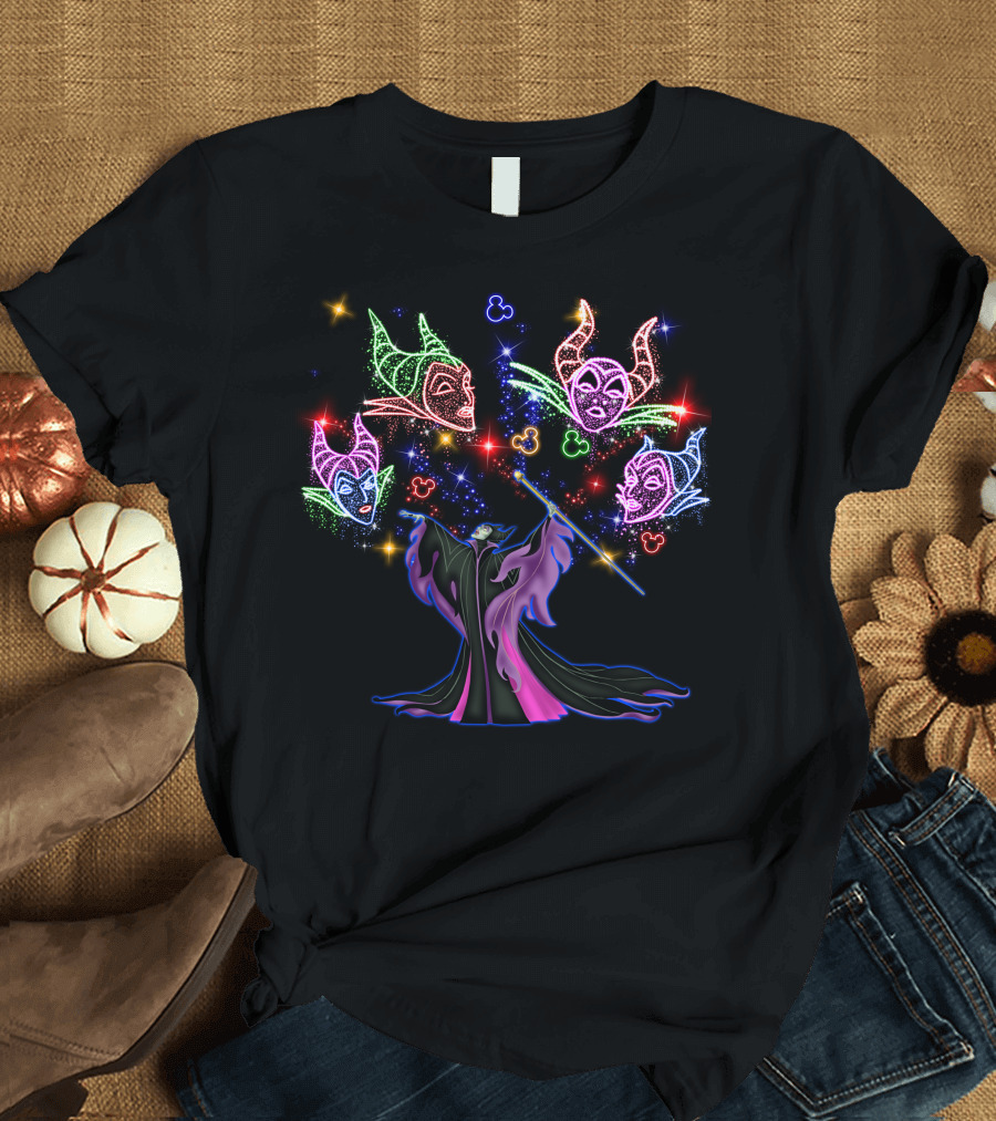 Maleficent Colorful Magical Neon Faces With Mickey Mouse Ears T-Shirt