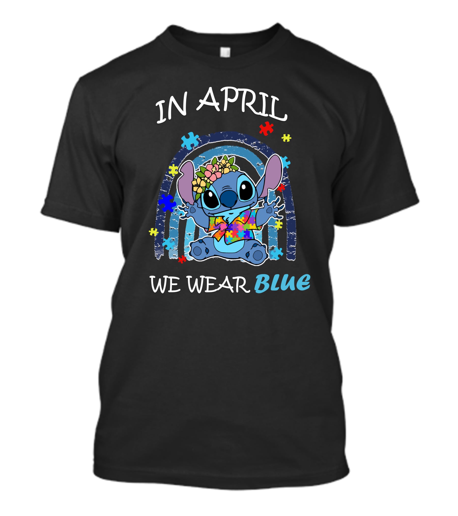 In April We Wear Blue Stitch Puzzle Rainbow T-Shirt