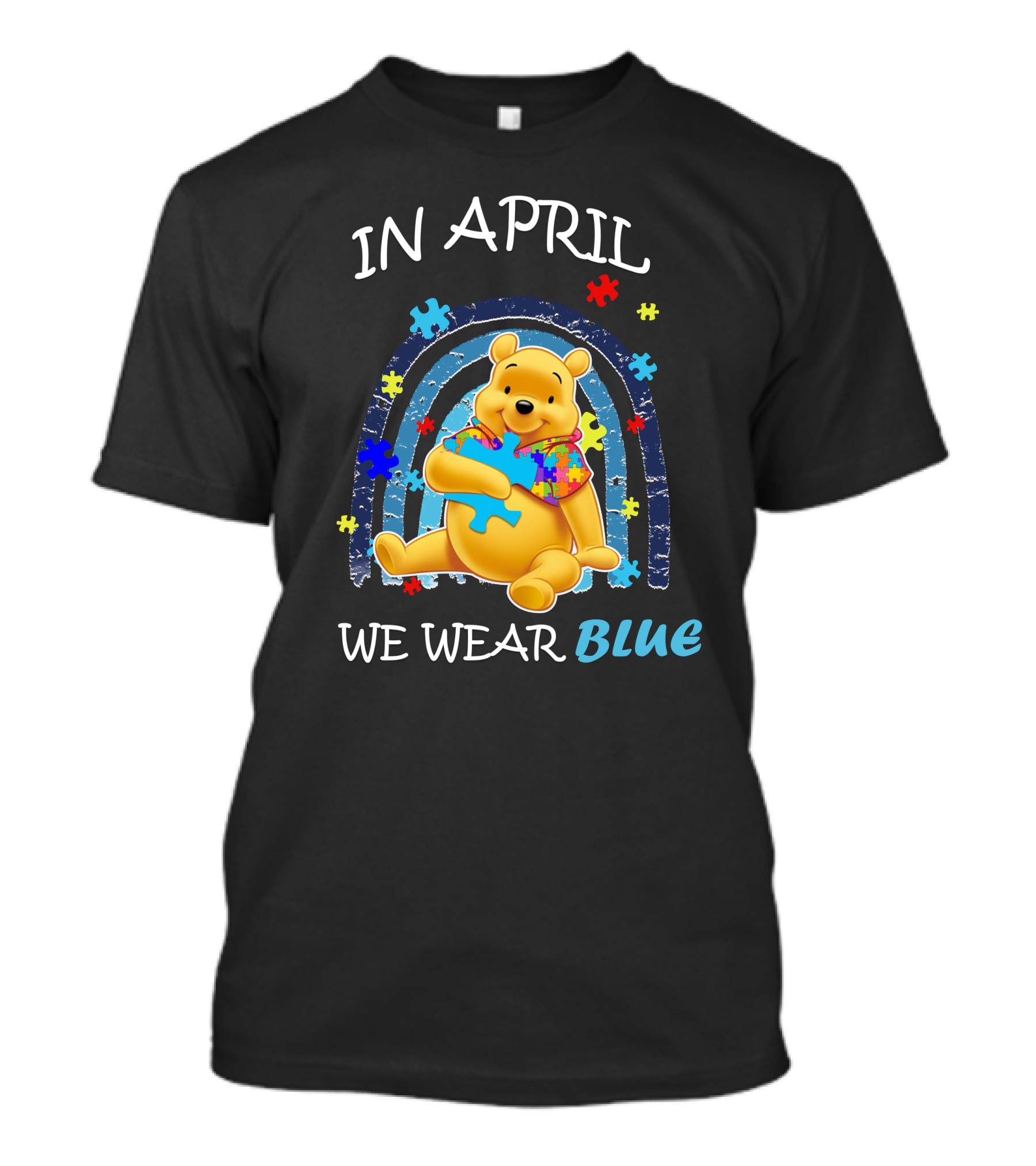 In April We Wear Blue Pooh Puzzle Autism Awareness T-Shirt