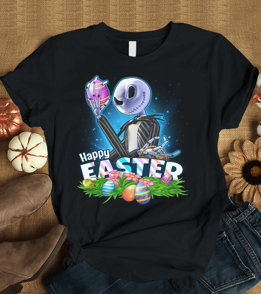 JACK SKELLINGTON Happy Easter with Colorful Eggs and Flowers T-Shirt