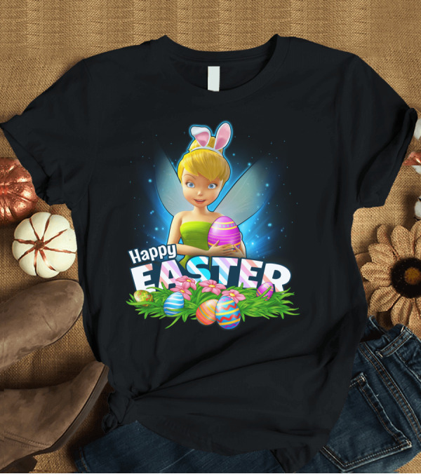 T-Shirt: TINKER BELL Happy Easter with Colorful Eggs and Flowers T-Shirt TINKER BELL Happy Easter with Colorful Eggs and Flowers T-Shirt