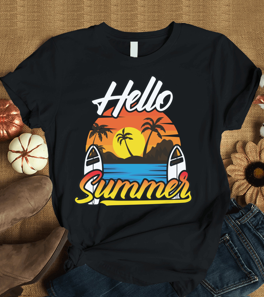 Hello Summer Sunset Surfing Beach Scene T-Shirt
