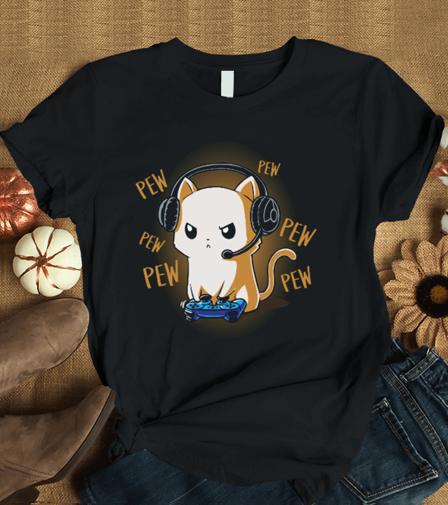 Pew Pew Kitty Cat Gamer Kliban Cats Headset Controller T-Shirt