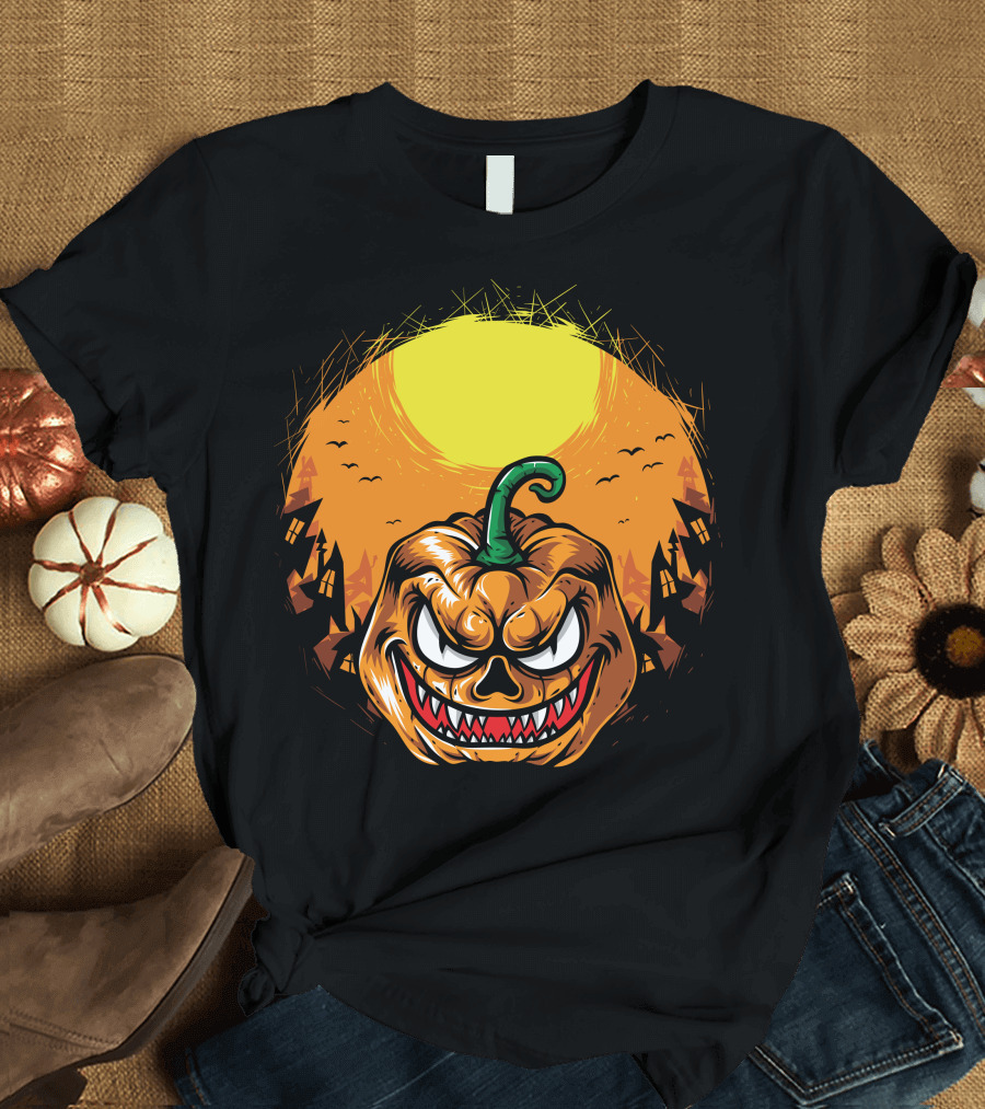 Spooky Grinning Pumpkin with Haunted Houses and Bats under Full Moon Halloween T-Shirt