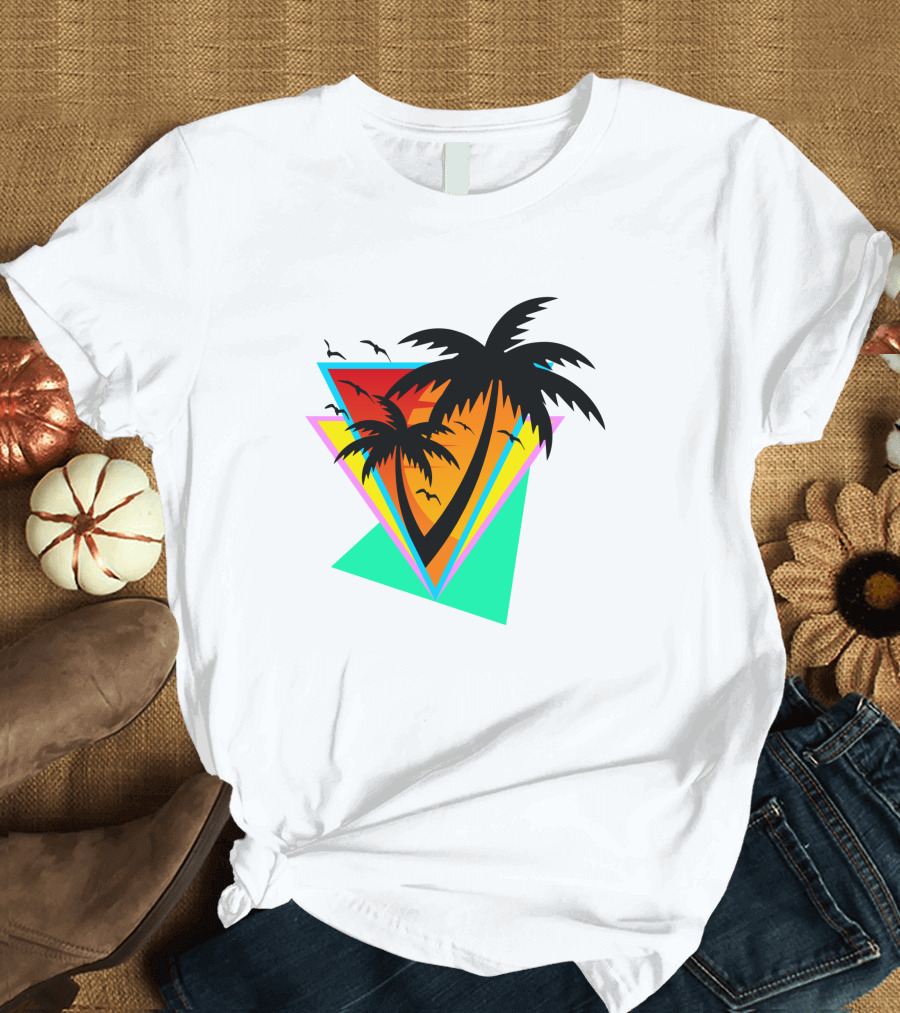 The Sea and You Tropical Palm Sunset with Geometric Triangles and Birds T-Shirt