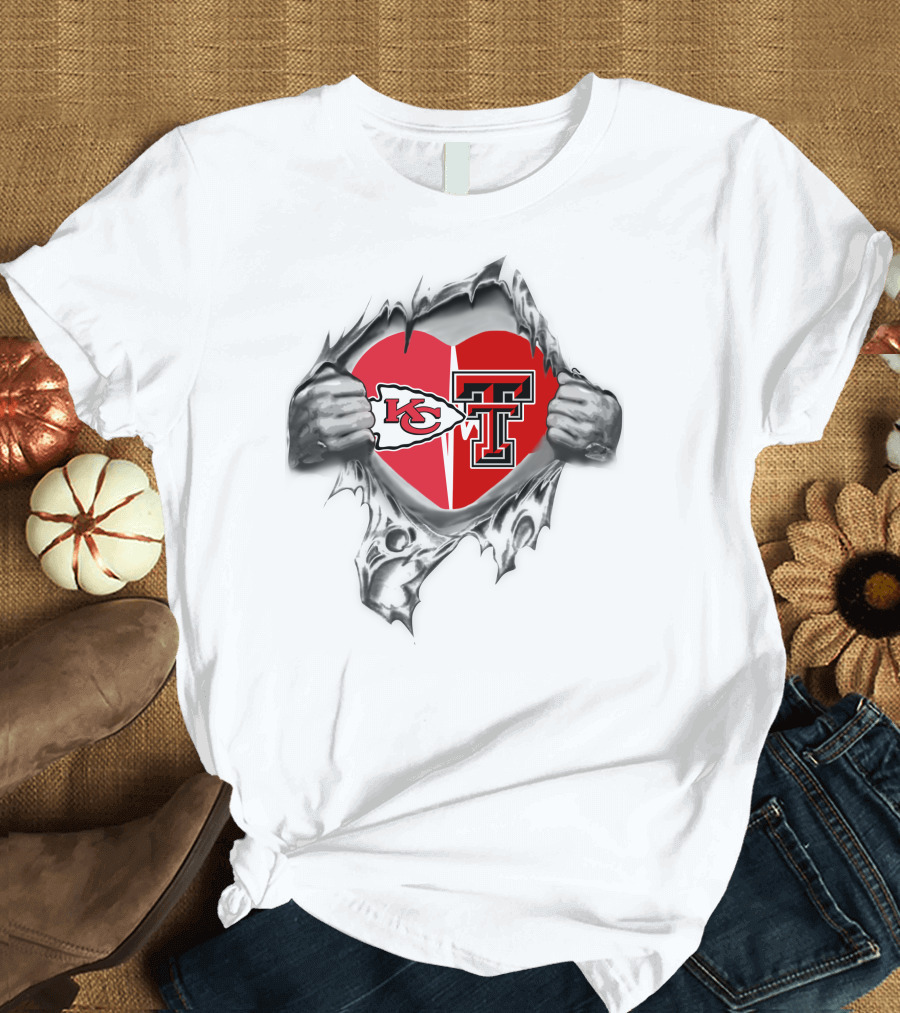 Kansas City Chiefs Texas Tech Heart Logos Torn T-Shirt