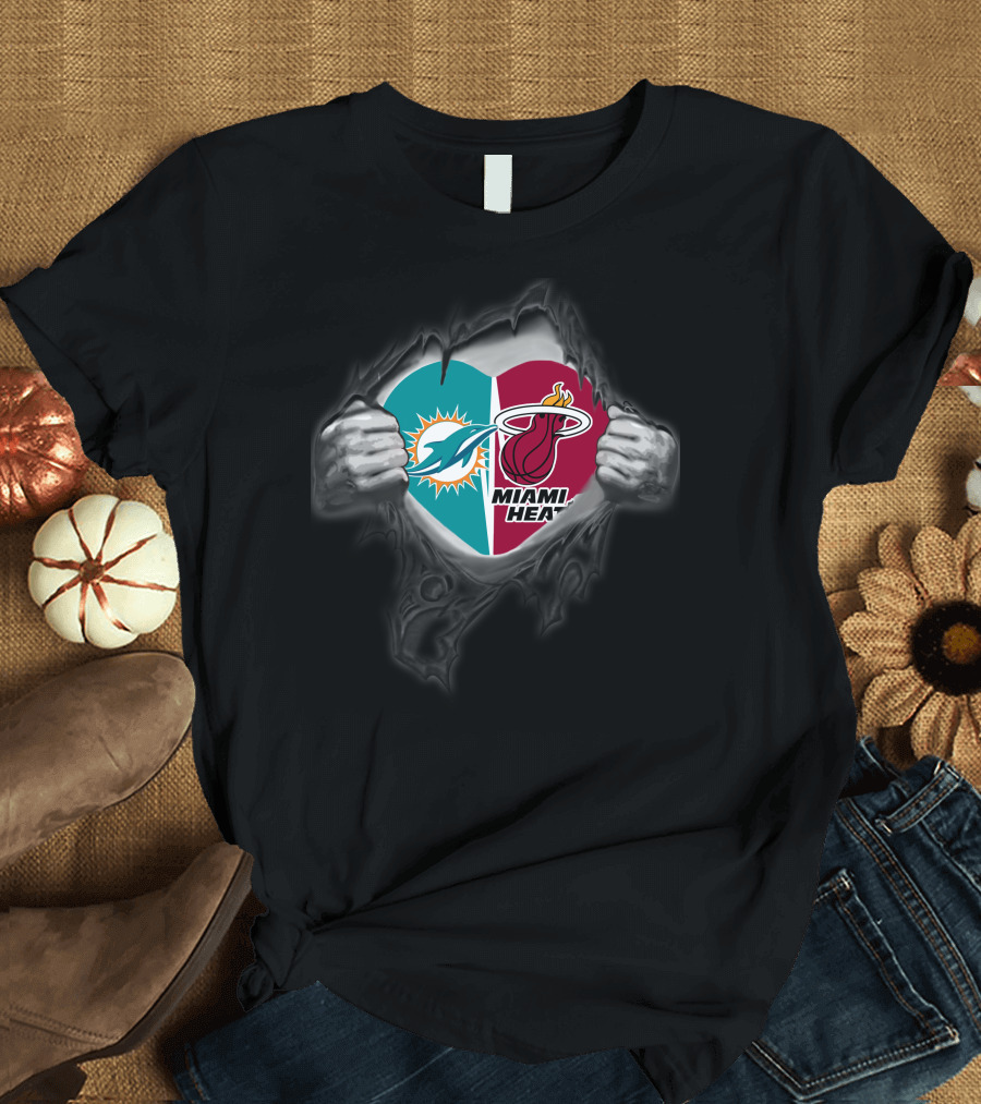 Miami Dolphins Miami Heat Heart Logo Fusion T-Shirt