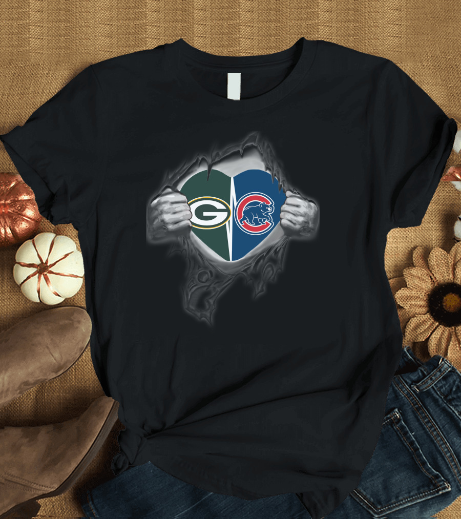 Packers Cubs Heart Logos Torn Reveal T-Shirt