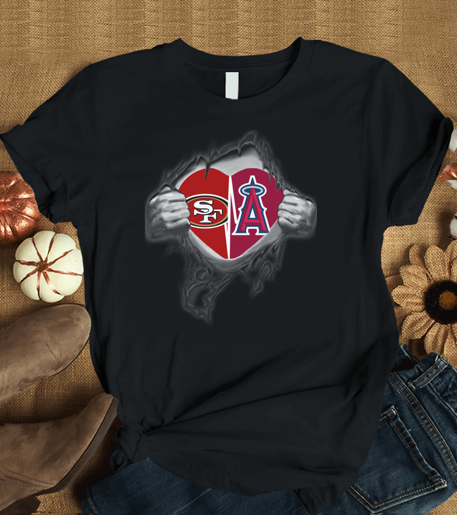 Sf 49ers Los Angeles Angels Heart Symbol With Logos T-Shirt
