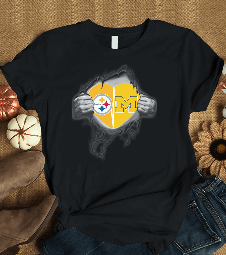 Steelers and Michigan Heart Symbol Inside Ripped Skin T-Shirt