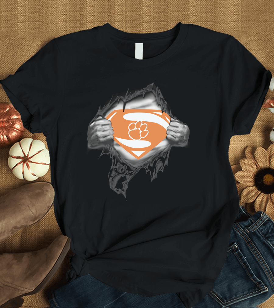 Clemson Super Man Orange Shield with Paw T-Shirt