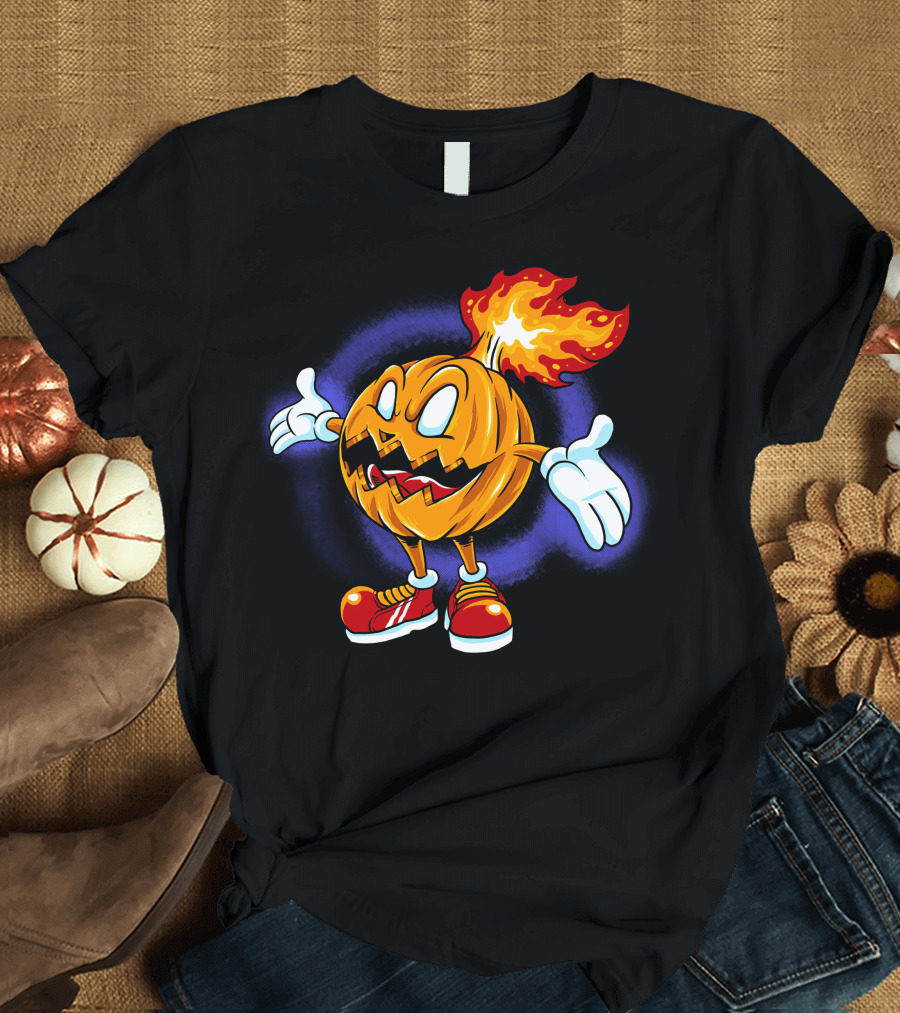 Halloween Pumpkin Fiery Character with Sneakers T-Shirt