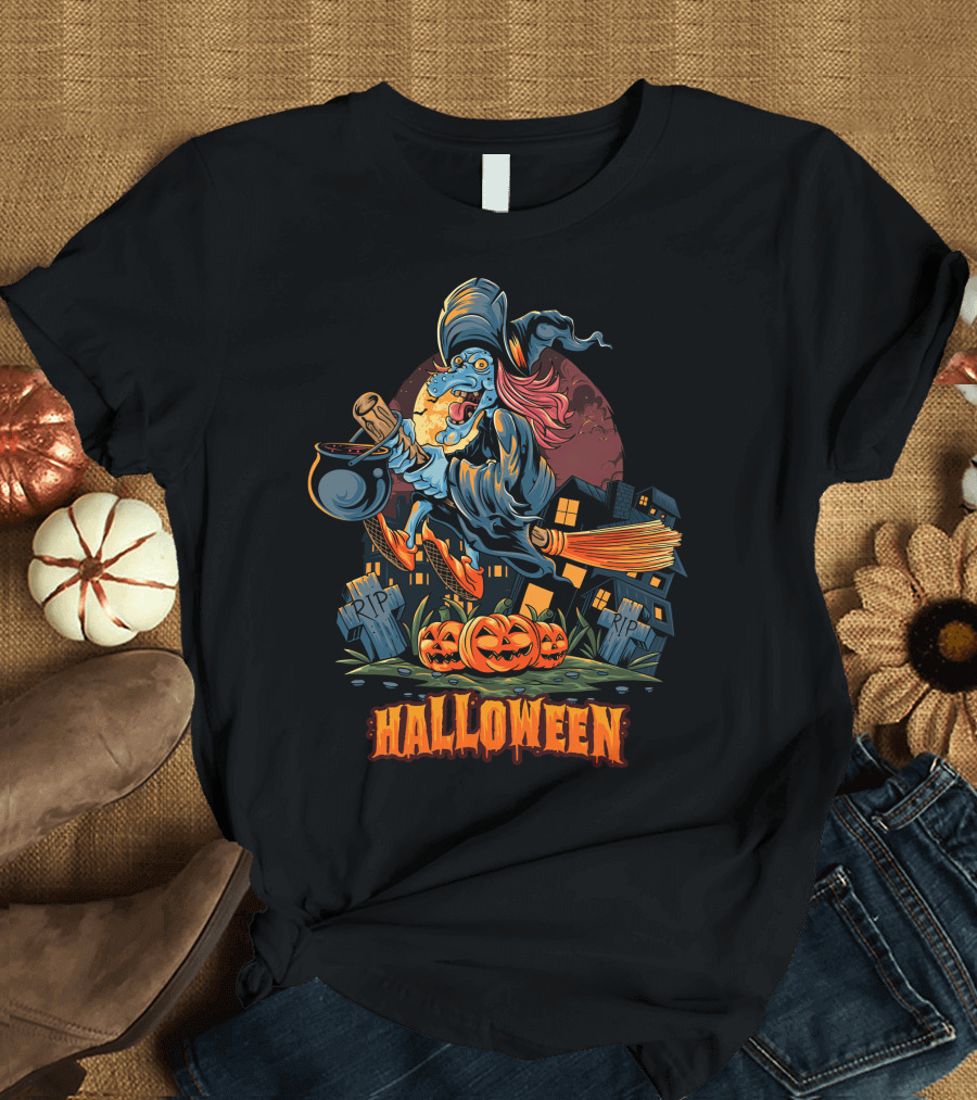 Spooky Halloween Witch Riding Broomstick with Pumpkins and Graveyard T-Shirt