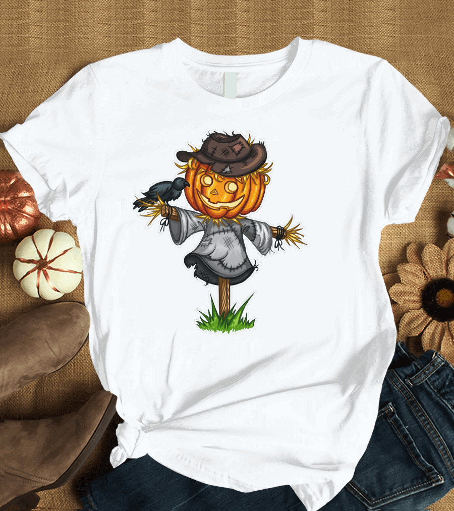 Scarecrow Halloween Pumpkin Head with Crow and Tattered Hat T-Shirt