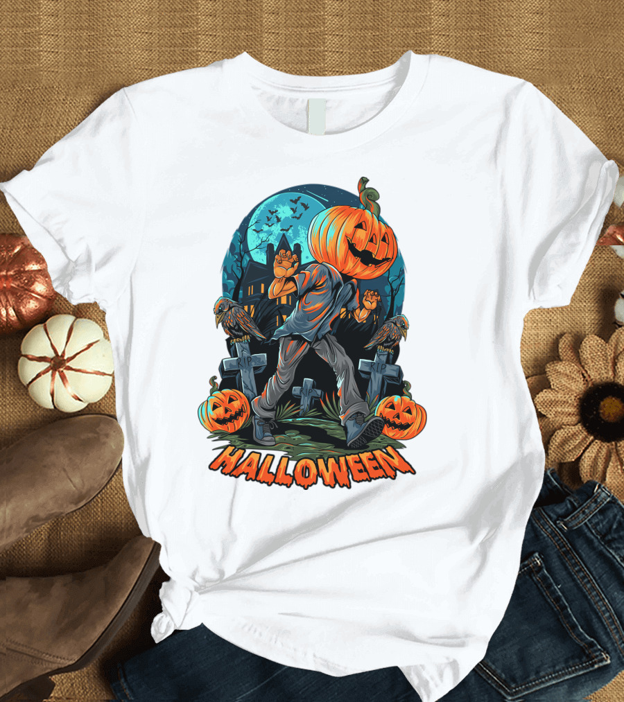 Spooky Halloween Pumpkin Head Costume with Haunted House and Bats T-Shirt