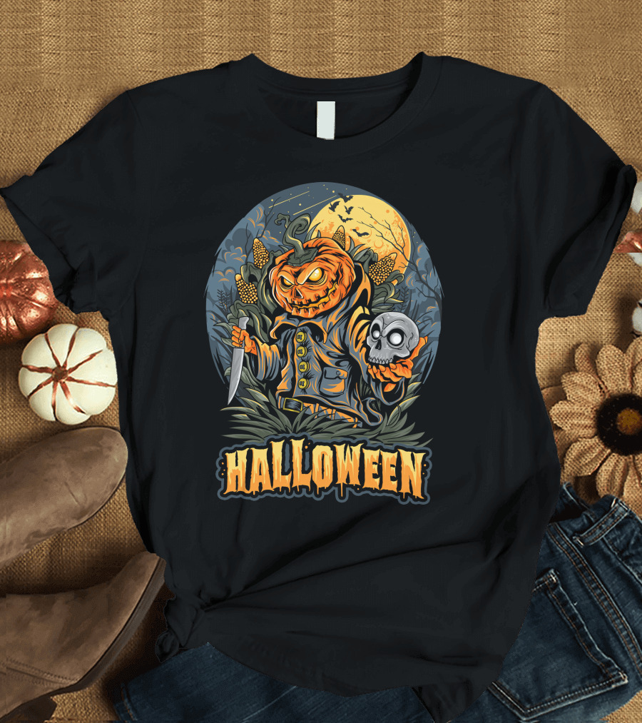 Halloween Pumpkin Head with Knife and Skull in Cornfield Scene T-Shirt