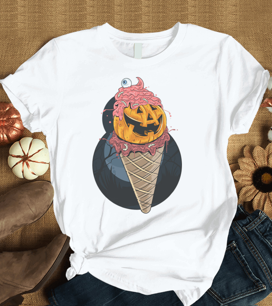 Ice Cream Pumpkin Creepy Cone Halloween Mashup T-Shirt