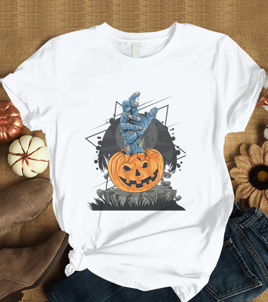 Zombie Hand Emerging from Pumpkin with Spooky Halloween Moon Background T-Shirt