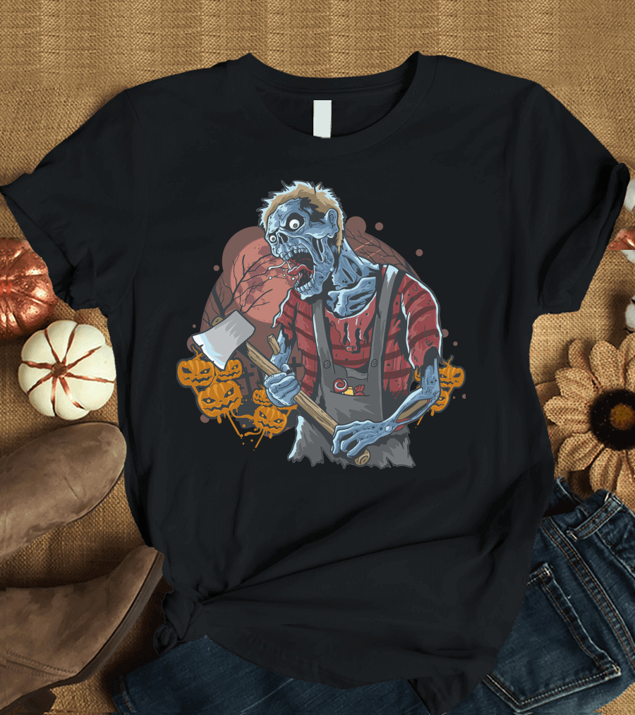 Zombie with Axe and Pumpkins in Spooky Forest T-Shirt