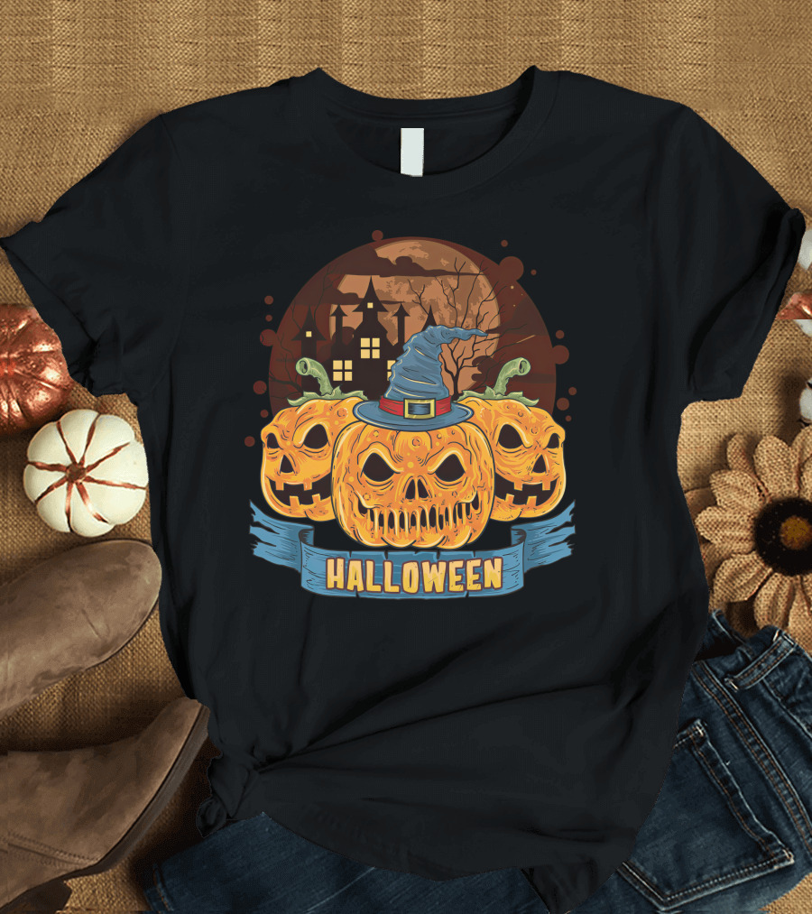 Halloween Spooky Pumpkins with Haunted House and Witch Hat T-Shirt