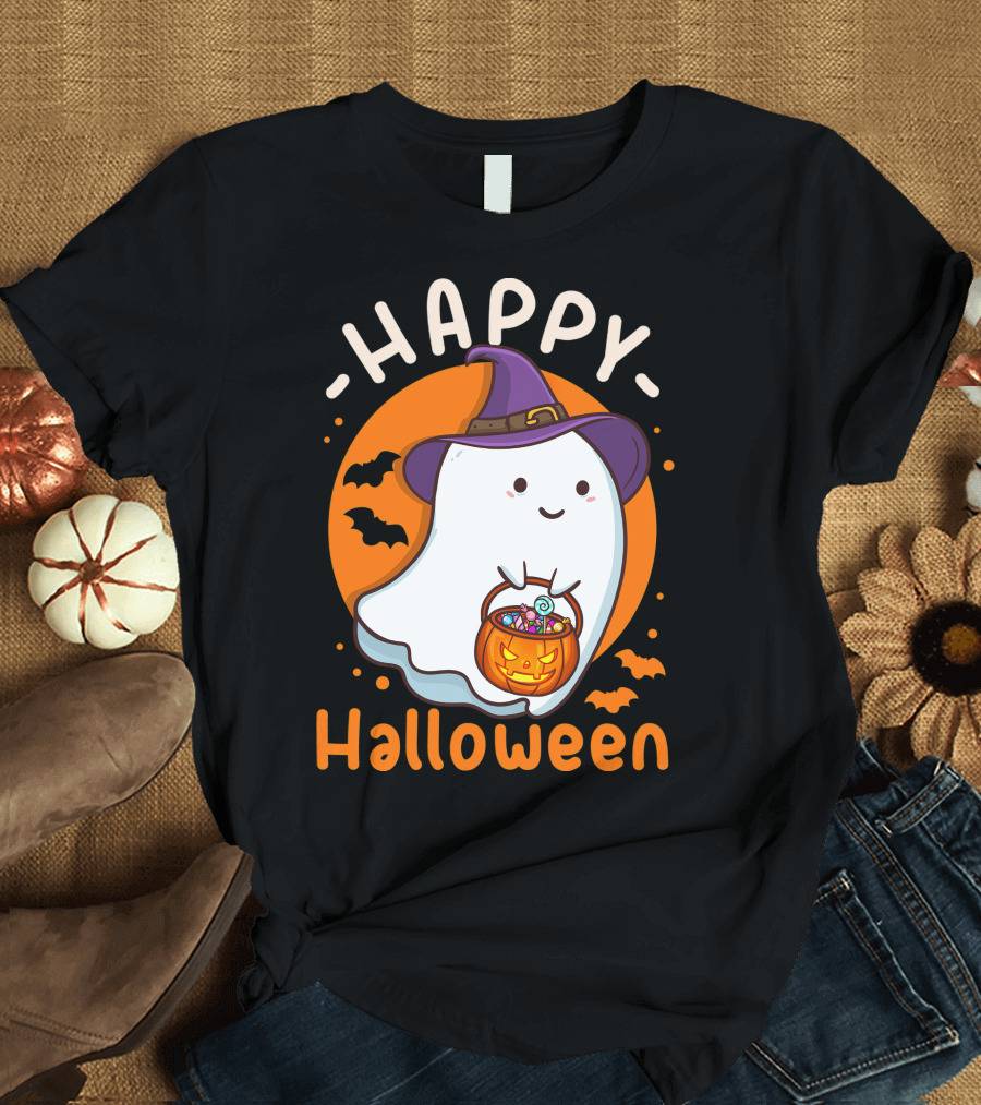 Happy Halloween Ghost with Pumpkin and Witch Hat T-Shirt