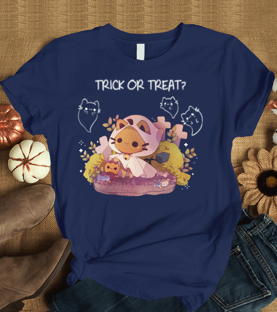Trick or Treat Kitty Ghost with Pumpkin and Crosses T-Shirt
