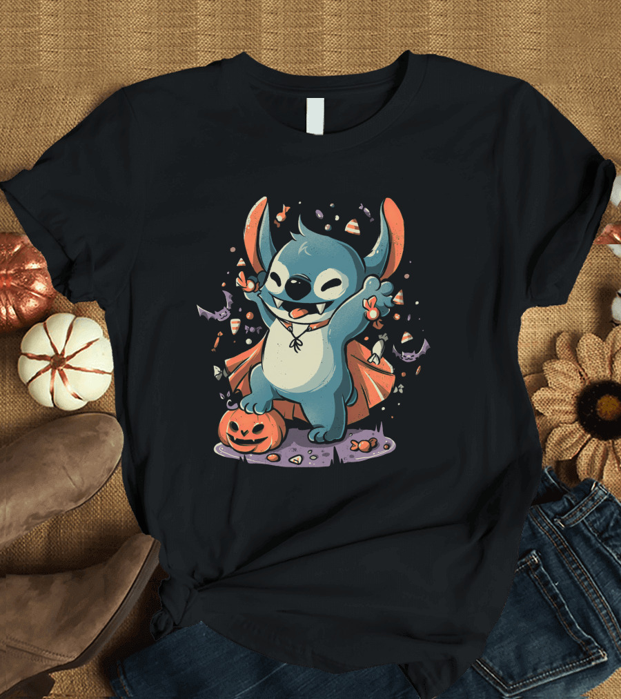 Halloween Cute Cartoon Stitch Vampire Candy Pumpkin T-Shirt