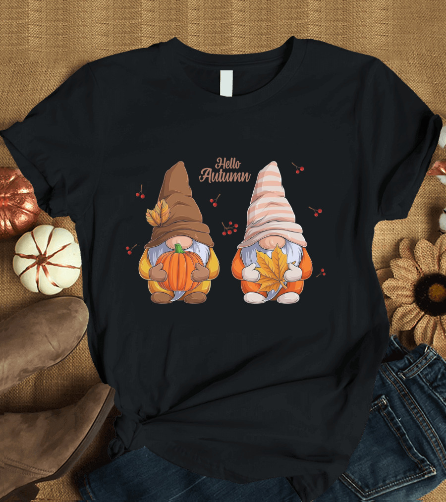 Hello Autumn Gnomes with Pumpkin and Leaf T-Shirt