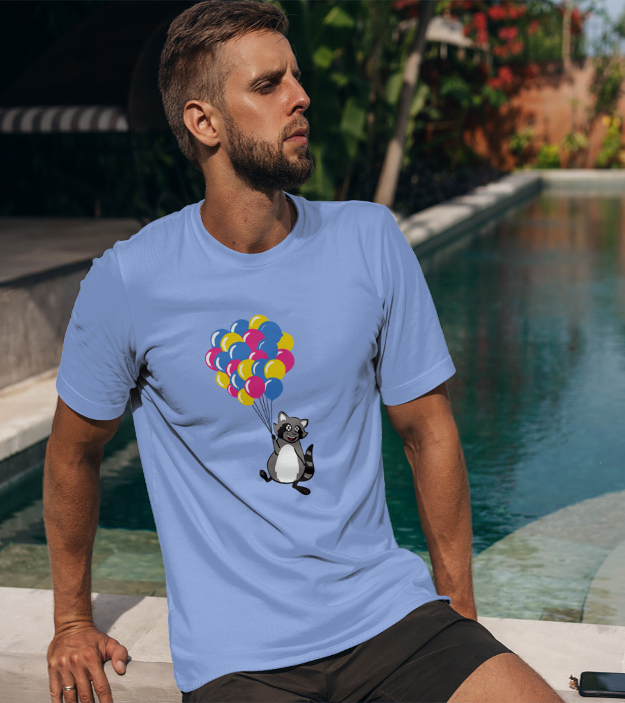 Raccoon Flying With Colorful Balloons T-Shirt
