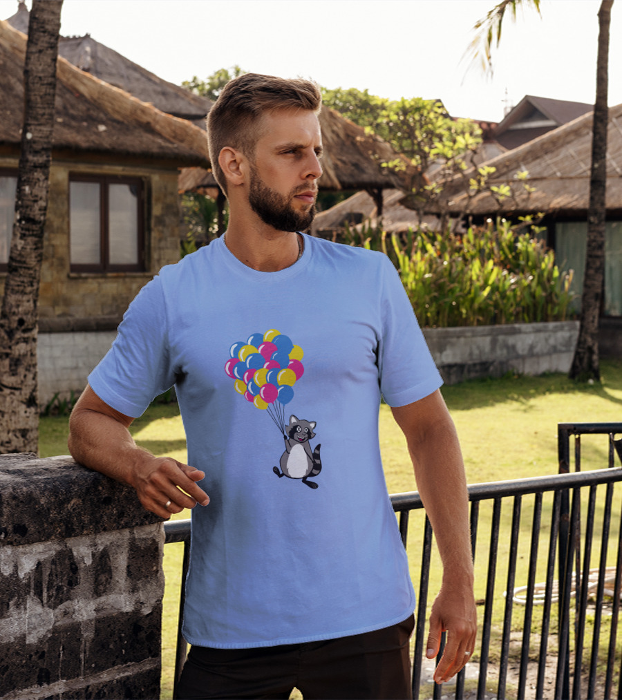 Raccoon Flying With Colorful Balloons T-Shirt
