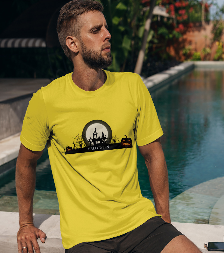 Haunted House And Jack-o'-Lantern Silhouette With Full Moon Halloween Scene T-Shirt