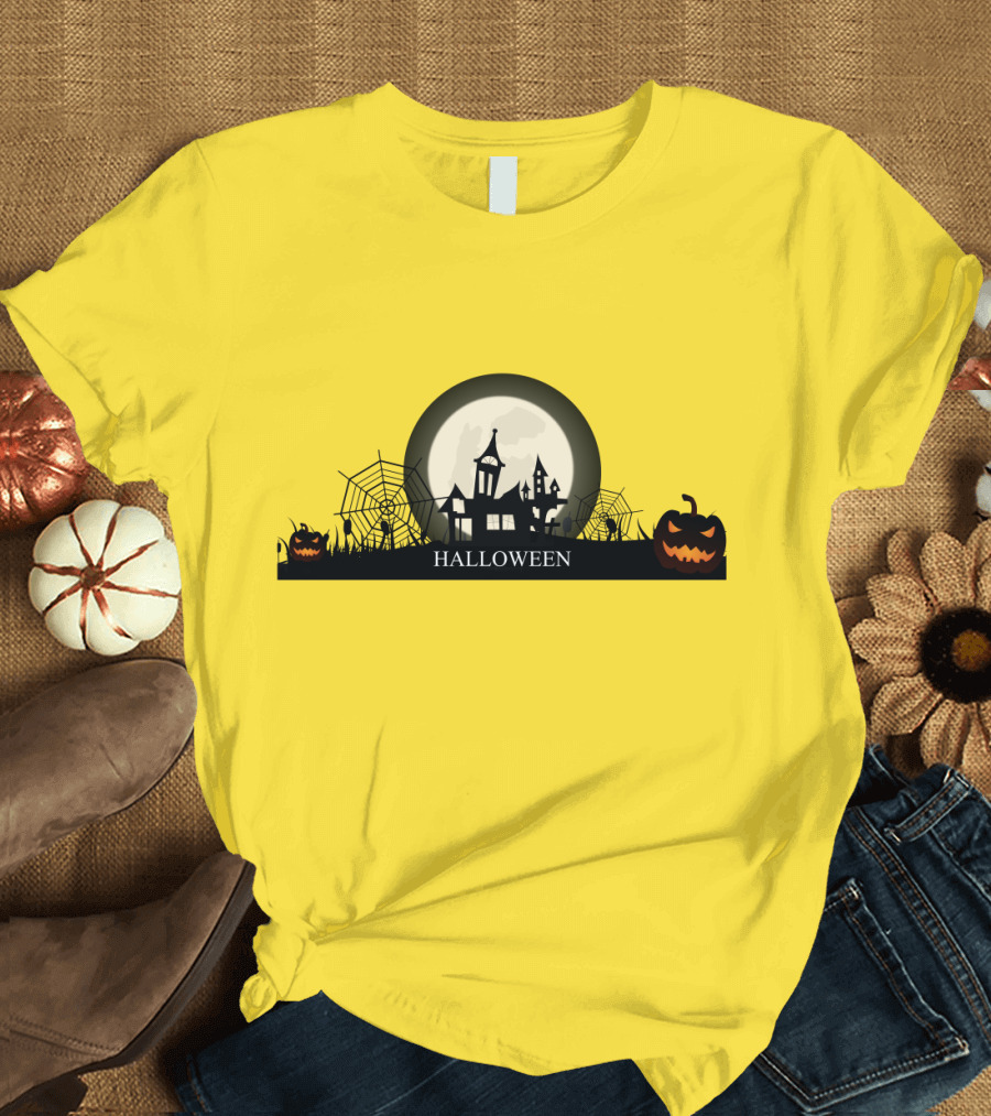 Haunted House and Jack-o'-Lantern Silhouette with Full Moon Halloween Scene T-Shirt