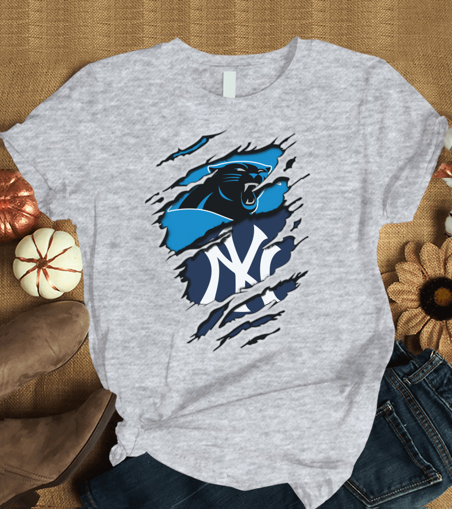 Panthers Yankees Claw Rip Logos Mashup T-Shirt