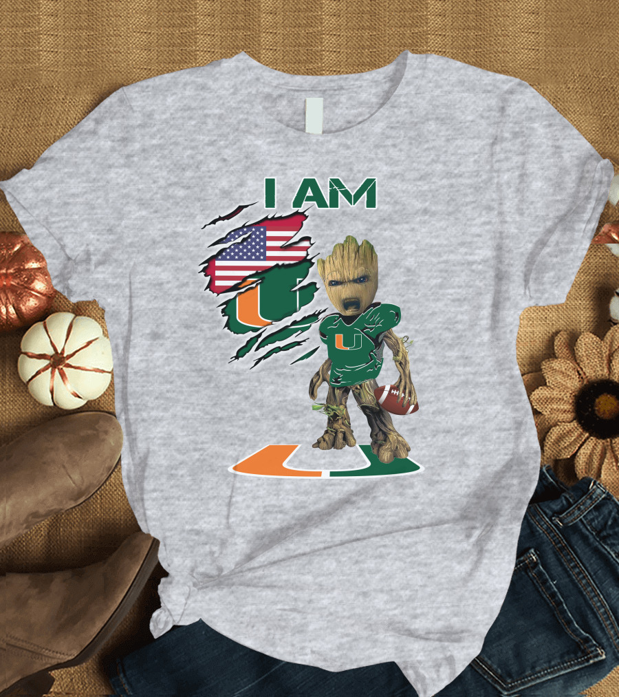 I Am University of Miami Hurricanes Football Groot American Flag T-Shirt
