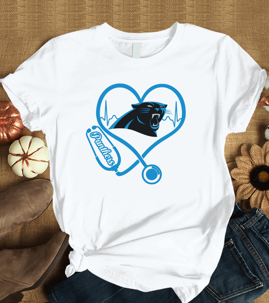 Carolina Panthers Nurse Love Stethoscope Heartbeat Panthers T-Shirt