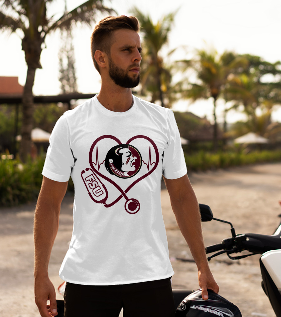 Nurse Love FSU Florida State Seminoles Heartbeat Logo Stethoscope T-Shirt