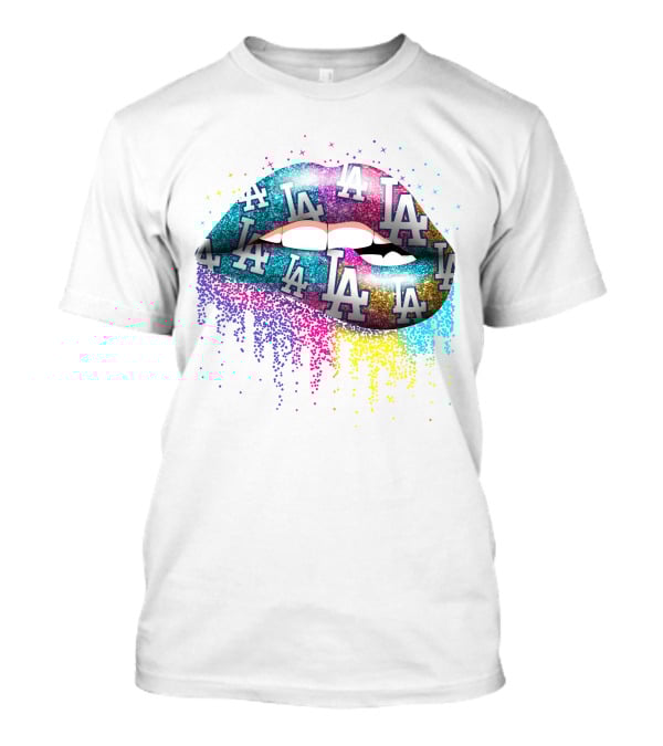 Lips With Los Angeles Dodgers Glitter Logo T-Shirt